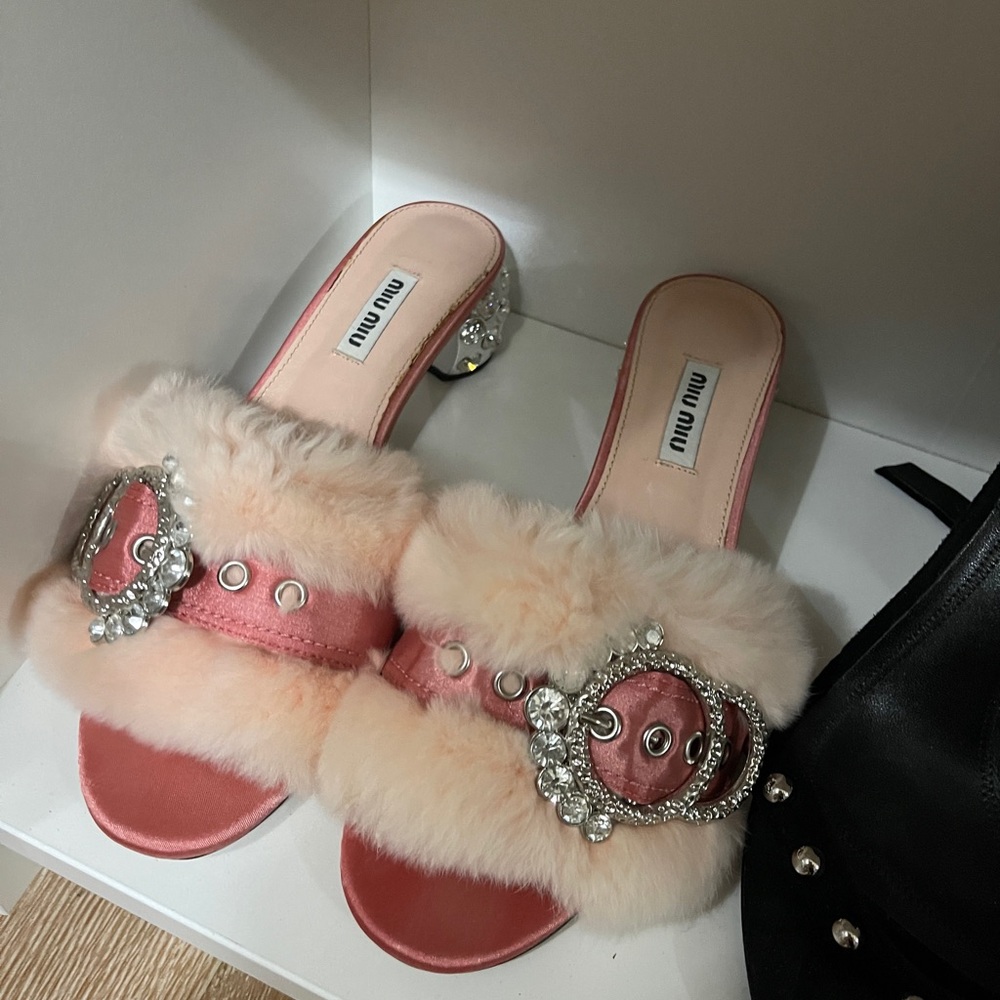 Miu Miu pink sandals with crystal buckles and fur embellishment, crystal heels
